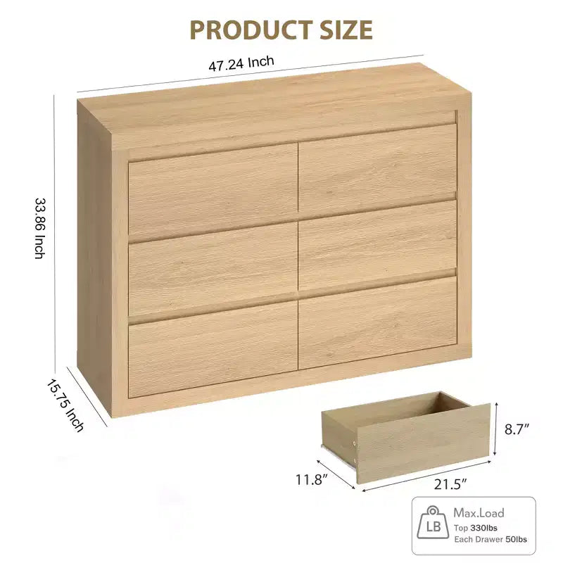 COZONY Commode à 6 tiroirs de 119 cm de large, Commode moderne à coins arrondis, Plateau épaissi, Bois naturel