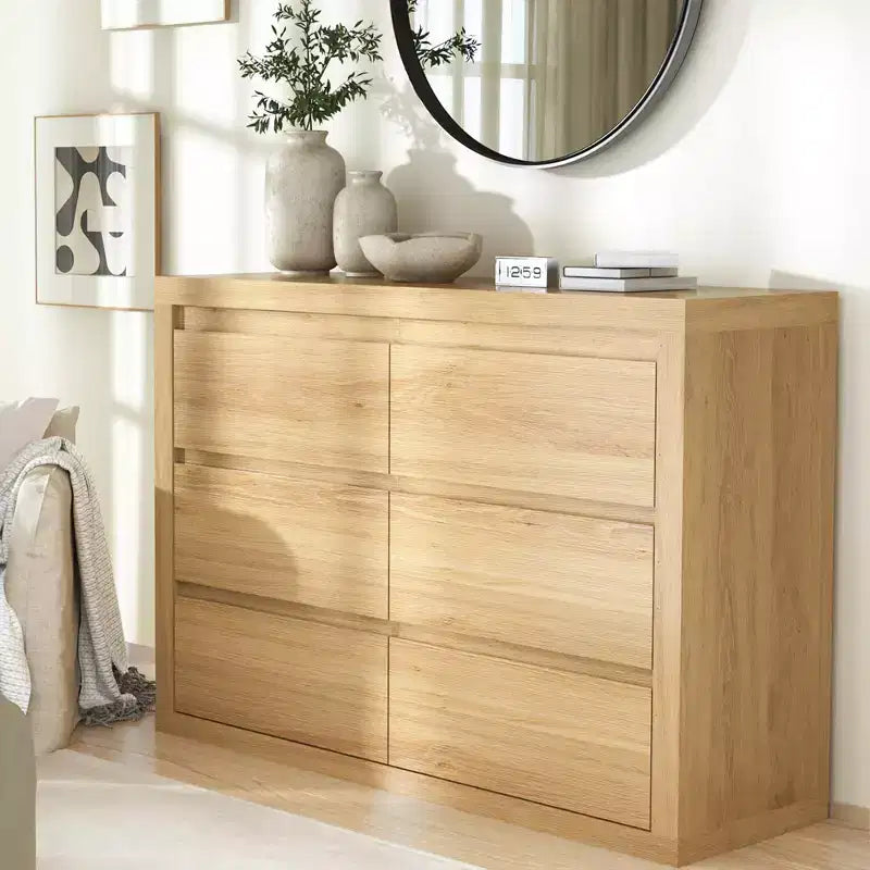 COZONY Commode à 6 tiroirs de 119 cm de large, Commode moderne à coins arrondis, Plateau épaissi, Bois naturel