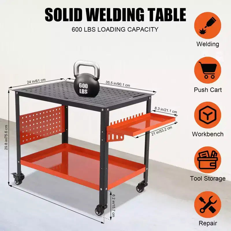 Table de soudage, Table de soudage robuste 36X24, Banc en acier avec roulettes, rangement et panneau perforé portable pour atelier d'amateur
