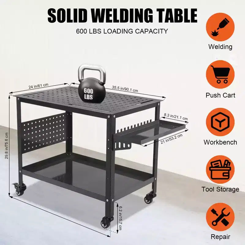 Table de soudage, Table de soudage robuste 36X24, Banc en acier avec roulettes, rangement et panneau perforé portable pour atelier d'amateur
