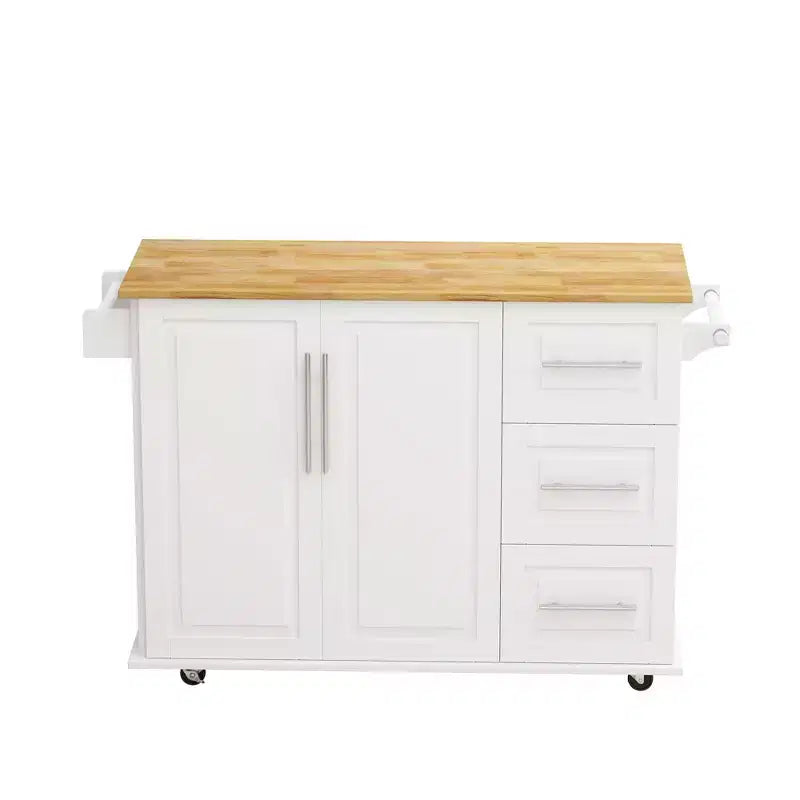 FAMYYT White Solid Wood Table Top 16.93 in. Kitchen Island Cart with 2 Door Cabinet and 3 Drawers Spice Rack Towel Rack