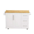 FAMYYT White Solid Wood Table Top 16.93 in. Kitchen Island Cart with 2 Door Cabinet and 3 Drawers Spice Rack Towel Rack