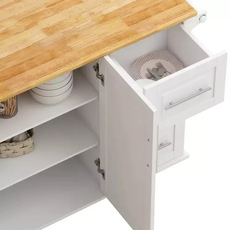FAMYYT Îlot de cuisine en bois massif blanc avec dessus de 16,93 po, armoire à 2 portes, 3 tiroirs, étagère à épices et porte-serviettes