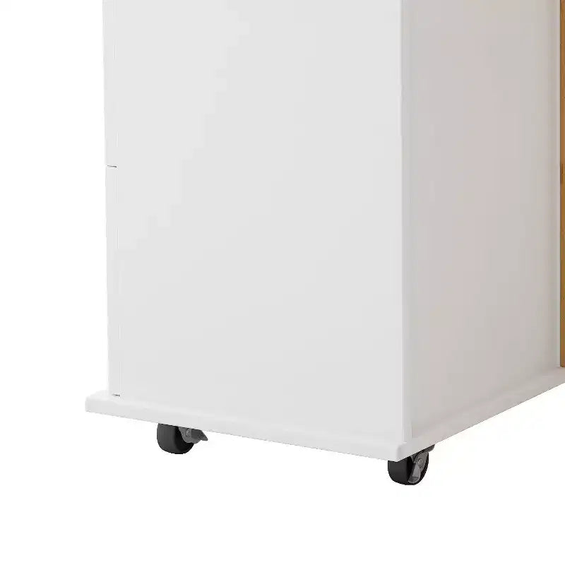 FAMYYT Îlot de cuisine en bois massif blanc avec dessus de 16,93 po, armoire à 2 portes, 3 tiroirs, étagère à épices et porte-serviettes