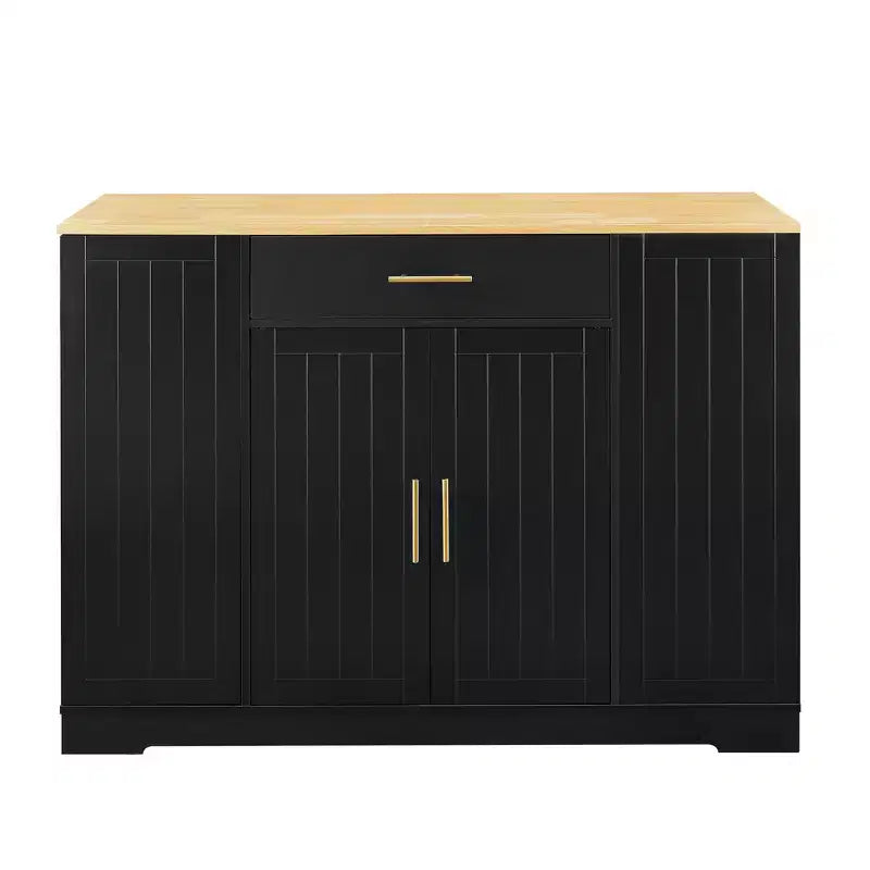 Meuble îlot de cuisine FAMYYT en bois noir avec dessus en bois de 53,2 po, armoire à poubelle dissimulée, étagères réglables et tiroir