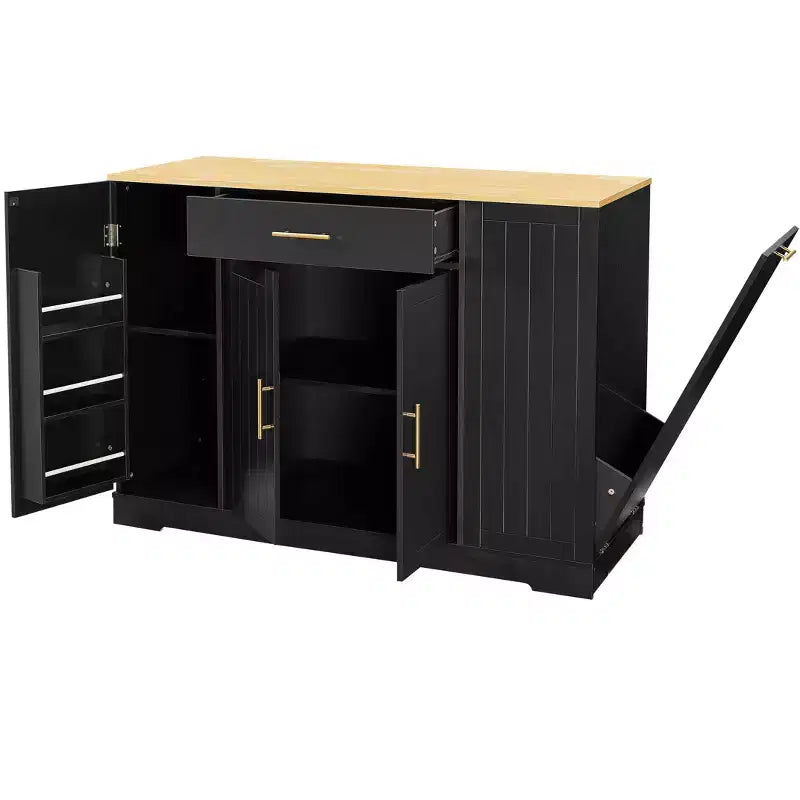 Meuble îlot de cuisine FAMYYT en bois noir avec dessus en bois de 53,2 po, armoire à poubelle dissimulée, étagères réglables et tiroir