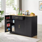 Meuble îlot de cuisine FAMYYT en bois noir avec dessus en bois de 53,2 po, armoire à poubelle dissimulée, étagères réglables et tiroir
