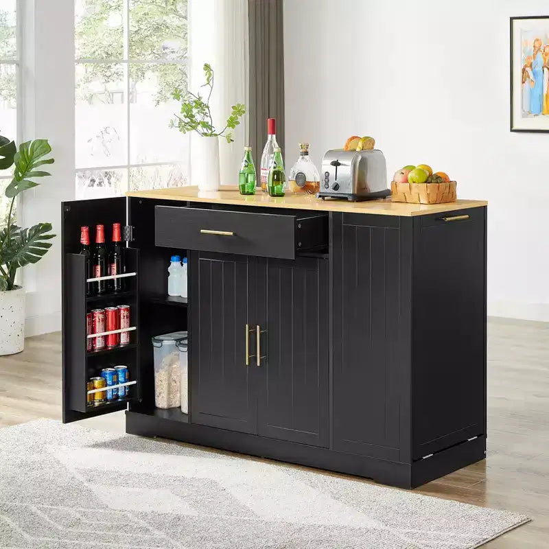 Meuble îlot de cuisine FAMYYT en bois noir avec dessus en bois de 53,2 po, armoire à poubelle dissimulée, étagères réglables et tiroir