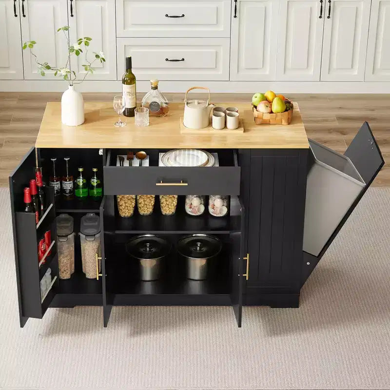 Meuble îlot de cuisine FAMYYT en bois noir avec dessus en bois de 53,2 po, armoire à poubelle dissimulée, étagères réglables et tiroir