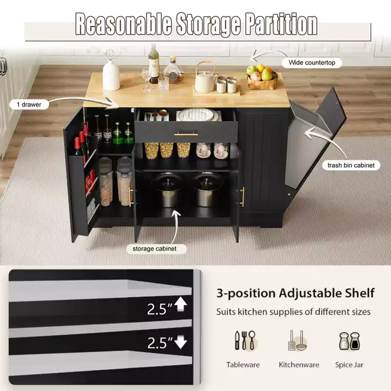 Meuble îlot de cuisine FAMYYT en bois noir avec dessus en bois de 53,2 po, armoire à poubelle dissimulée, étagères réglables et tiroir