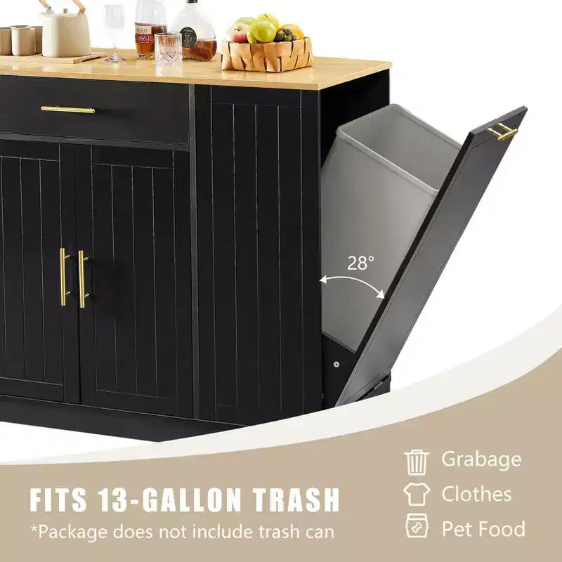 Meuble îlot de cuisine FAMYYT en bois noir avec dessus en bois de 53,2 po, armoire à poubelle dissimulée, étagères réglables et tiroir