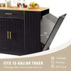 Meuble îlot de cuisine FAMYYT en bois noir avec dessus en bois de 53,2 po, armoire à poubelle dissimulée, étagères réglables et tiroir