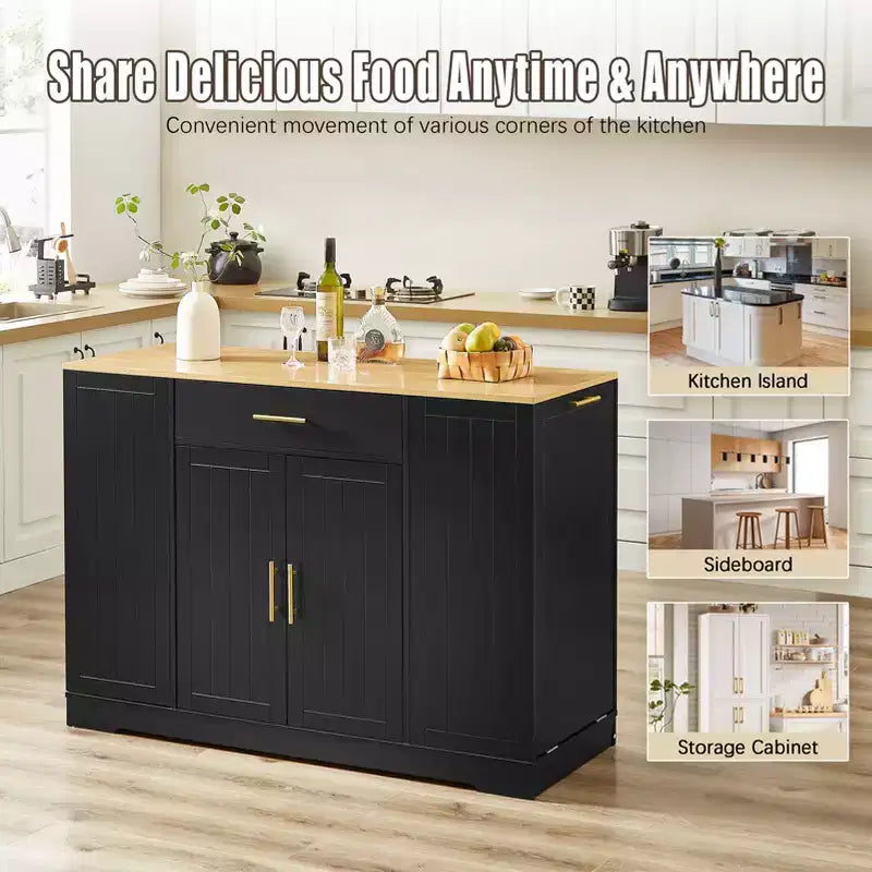 Meuble îlot de cuisine FAMYYT en bois noir avec dessus en bois de 53,2 po, armoire à poubelle dissimulée, étagères réglables et tiroir