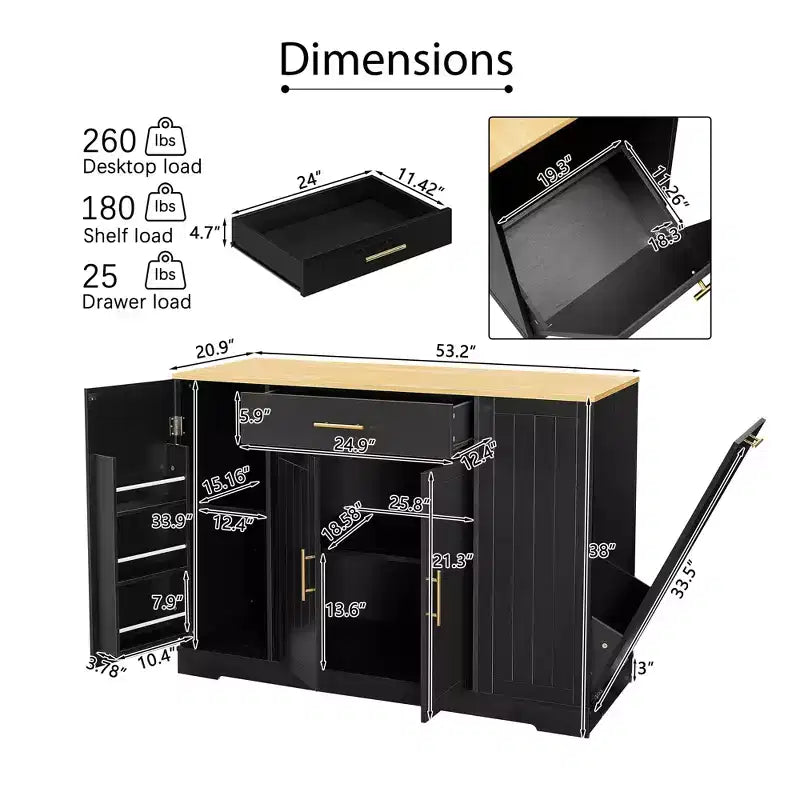Meuble îlot de cuisine FAMYYT en bois noir avec dessus en bois de 53,2 po, armoire à poubelle dissimulée, étagères réglables et tiroir