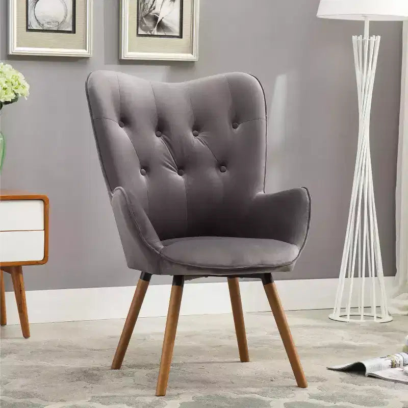TUYOHW Fauteuil d'appoint en velours soyeux, chaise longue avec dossier capitonné, pieds en bois massif, fauteuil crapaud rembourré en mousse pour salon, salle à manger