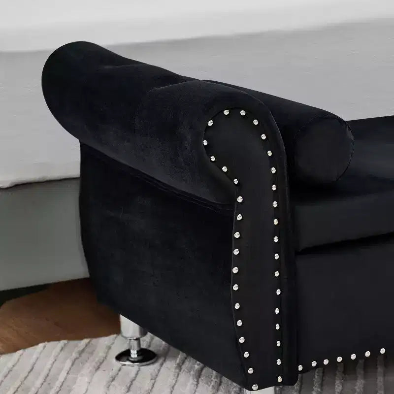 TUYOHW 62.2 Banc de rangement capitonné en velours avec boutons en cristal et accoudoirs, banc de bout de lit avec 1 oreiller, poufs de rangement pour salon, chambre à coucher