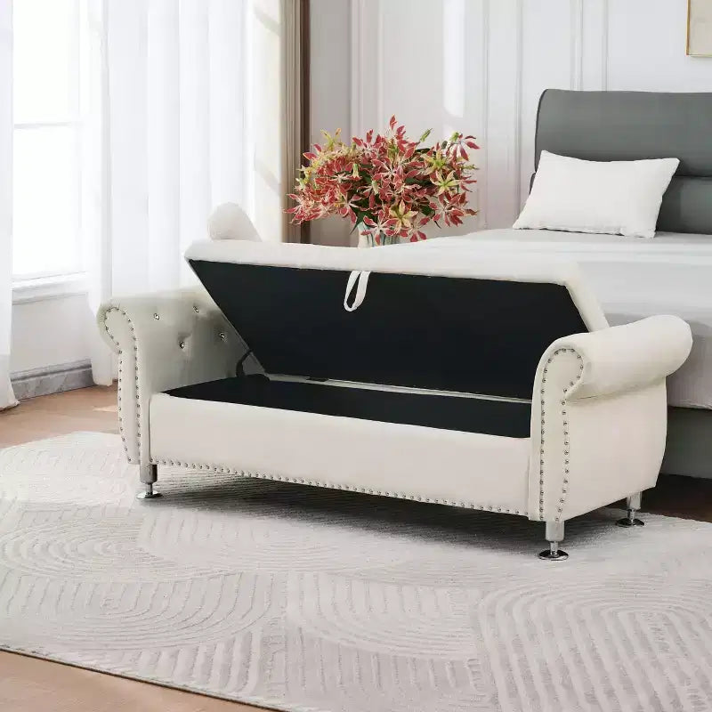 TUYOHW 62.2 Banc de rangement capitonné en velours avec boutons en cristal et accoudoirs, banc de bout de lit avec 1 oreiller, poufs de rangement pour salon, chambre à coucher