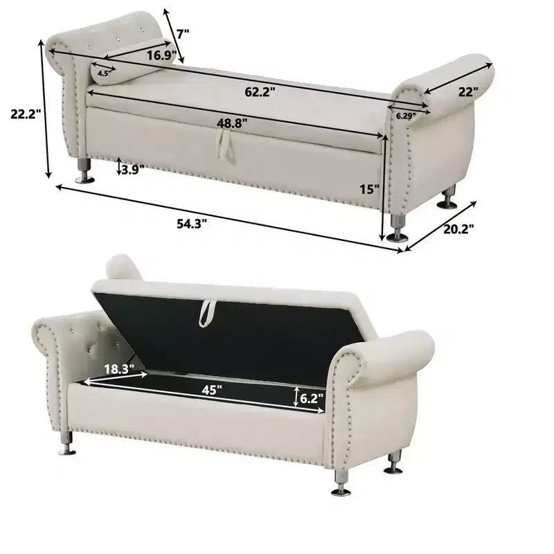 TUYOHW 62.2 Banc de rangement capitonné en velours avec boutons en cristal et accoudoirs, banc de bout de lit avec 1 oreiller, poufs de rangement pour salon, chambre à coucher
