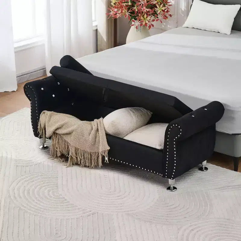 TUYOHW 62.2 Banc de rangement capitonné en velours avec boutons en cristal et accoudoirs, banc de bout de lit avec 1 oreiller, poufs de rangement pour salon, chambre à coucher