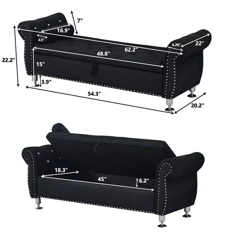 TUYOHW 62.2 Banc de rangement capitonné en velours avec boutons en cristal et accoudoirs, banc de bout de lit avec 1 oreiller, poufs de rangement pour salon, chambre à coucher