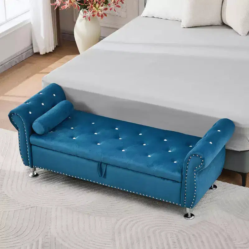 TUYOHW 62.2 Tufted Velvet Storage Bench with Crystal Buttons & Armrests,End of Bed Bench with 1 Pillow,Storage Ottomans for Living Room,Bedroom