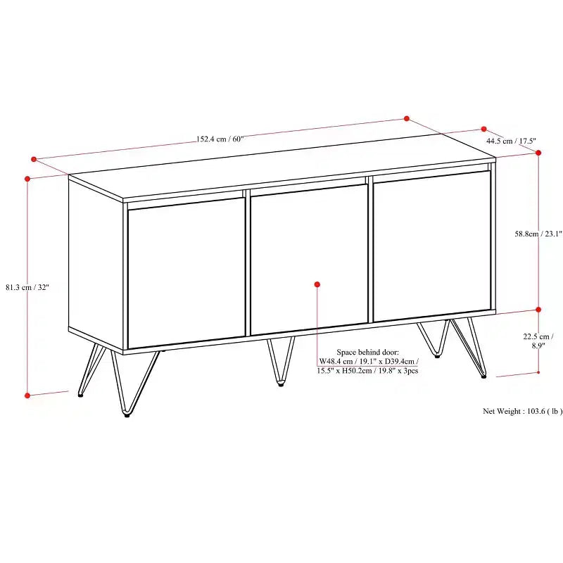 Meuble buffet Moreno rectangulaire de 60 x 18 pouces avec 3 portes, style industriel contemporain, en placage de noyer