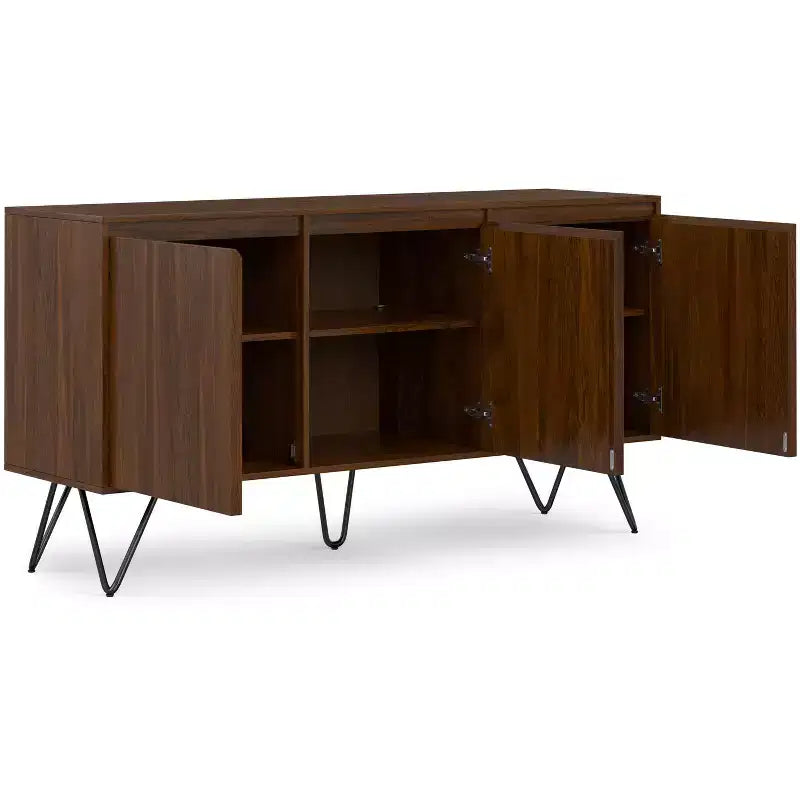 Meuble buffet Moreno rectangulaire de 60 x 18 pouces avec 3 portes, style industriel contemporain, en placage de noyer