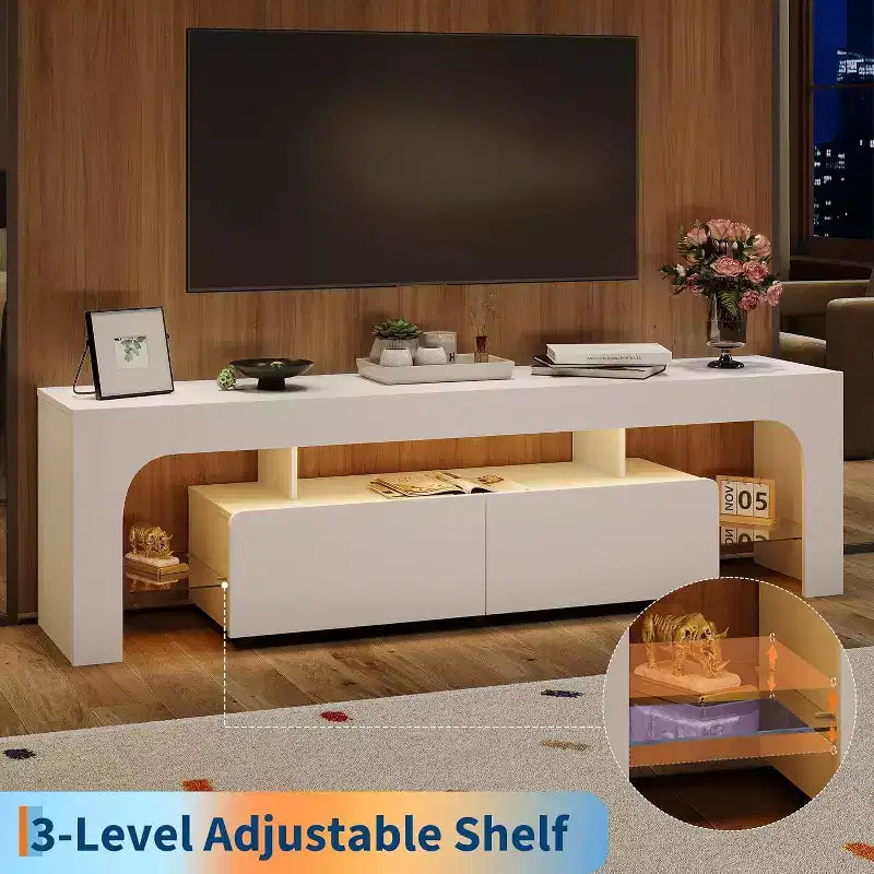 Meuble TV Acekool, console multimédia avec tiroir et étagères en verre, pour téléviseurs jusqu'à 70 pouces, salon