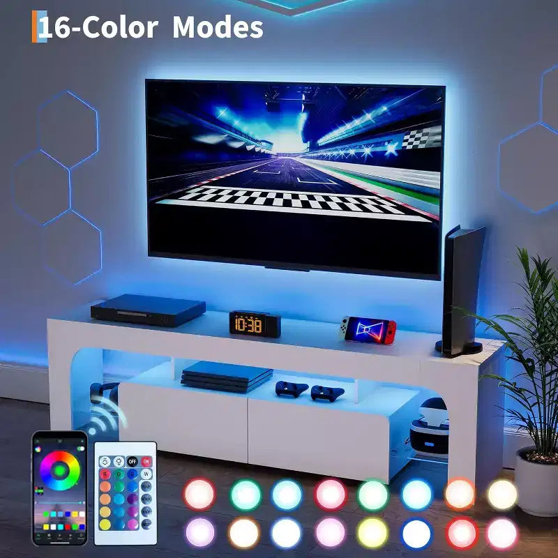 Meuble TV Acekool, console multimédia avec tiroir et étagères en verre, pour téléviseurs jusqu'à 70 pouces, salon