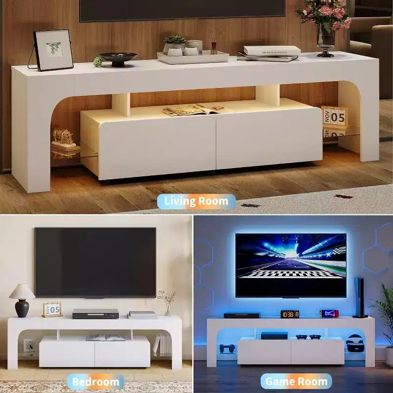 Meuble TV Acekool, console multimédia avec tiroir et étagères en verre, pour téléviseurs jusqu'à 70 pouces, salon