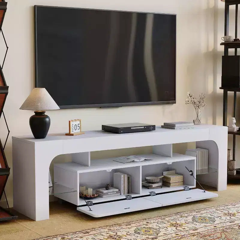 Meuble TV Acekool, console multimédia avec tiroir et étagères en verre, pour téléviseurs jusqu'à 70 pouces, salon