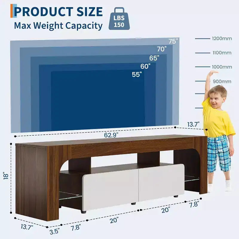 Meuble TV Acekool, console multimédia avec tiroir et étagères en verre, pour téléviseurs jusqu'à 70 pouces, salon