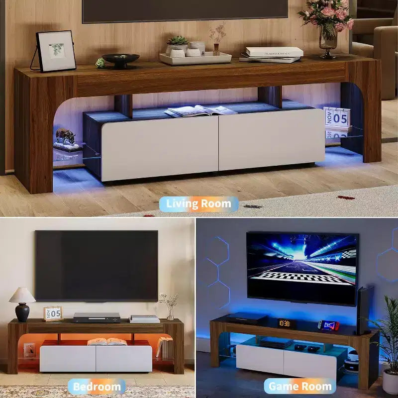 Meuble TV Acekool, console multimédia avec tiroir et étagères en verre, pour téléviseurs jusqu'à 70 pouces, salon
