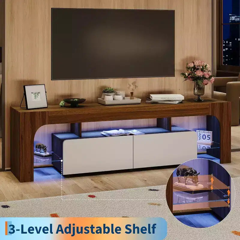 Meuble TV Acekool, console multimédia avec tiroir et étagères en verre, pour téléviseurs jusqu'à 70 pouces, salon