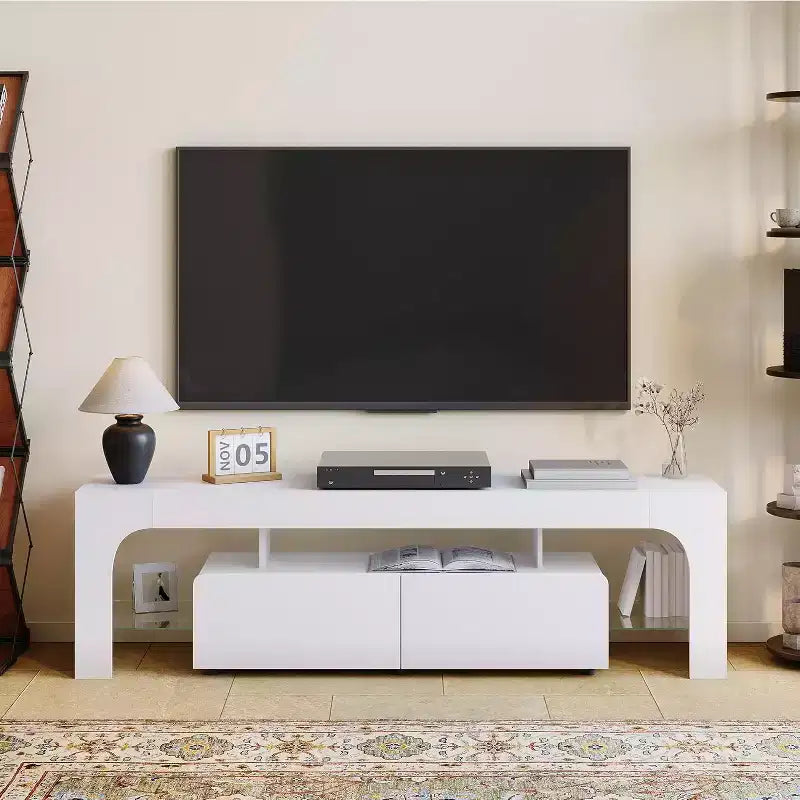 Meuble TV Acekool, console multimédia avec tiroir et étagères en verre, pour téléviseurs jusqu'à 70 pouces, salon