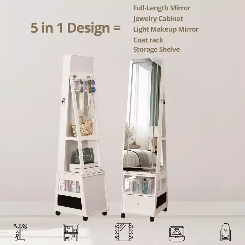 Acekool Armoire à Bijoux Pivotante à 360°, avec Miroir, Éclairage et Rangement, Organiseur Blanc Mat pour Chambre