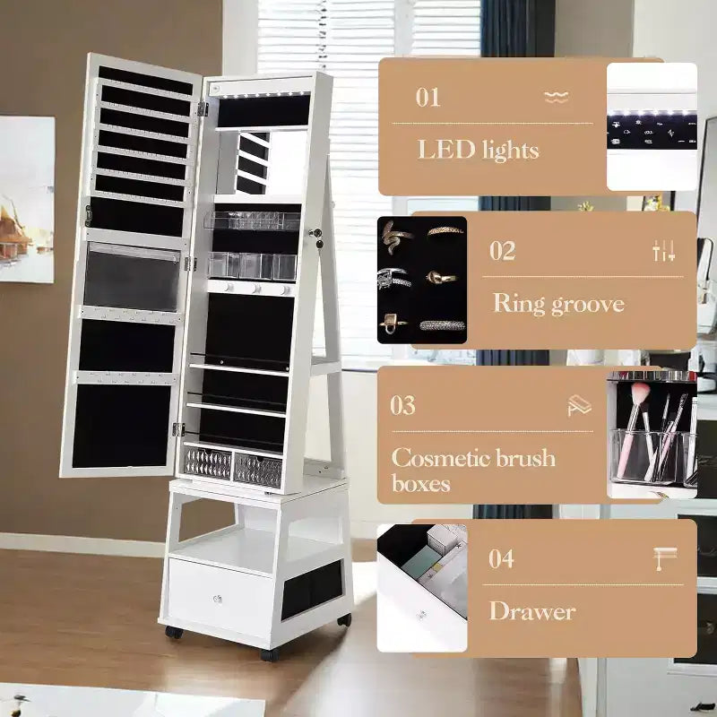 Acekool Armoire à Bijoux Pivotante à 360°, avec Miroir, Éclairage et Rangement, Organiseur Blanc Mat pour Chambre
