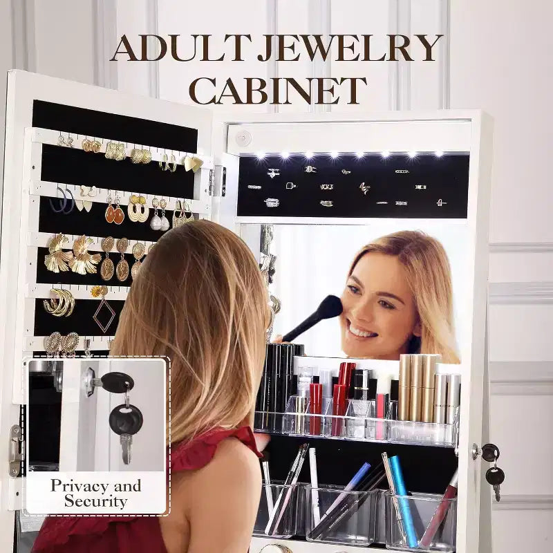 Acekool Armoire à Bijoux Pivotante à 360°, avec Miroir, Éclairage et Rangement, Organiseur Blanc Mat pour Chambre