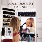 Acekool Armoire à Bijoux Pivotante à 360°, avec Miroir, Éclairage et Rangement, Organiseur Blanc Mat pour Chambre