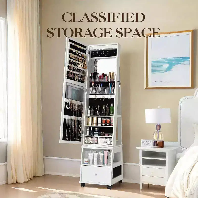 Acekool Armoire à Bijoux Pivotante à 360°, avec Miroir, Éclairage et Rangement, Organiseur Blanc Mat pour Chambre