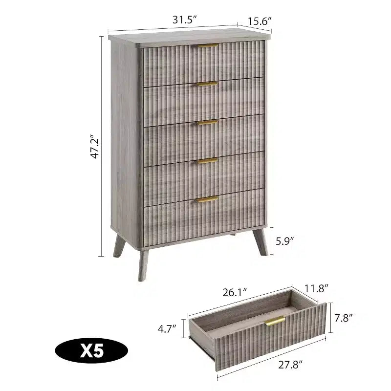 Commode Acekool cannelée à 5 tiroirs, commode moderne pour chambre à coucher ou couloir