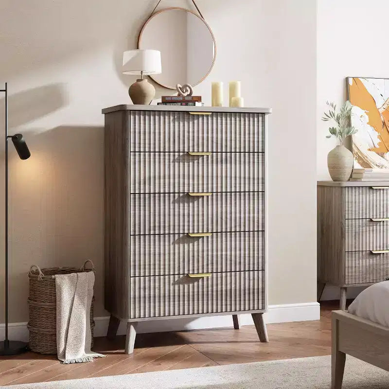 Commode Acekool cannelée à 5 tiroirs, commode moderne pour chambre à coucher ou couloir