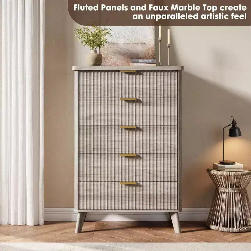 Commode Acekool cannelée à 5 tiroirs, commode moderne pour chambre à coucher ou couloir