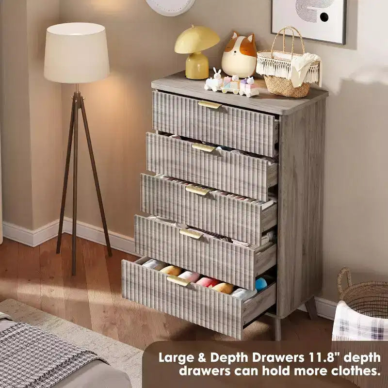Commode Acekool cannelée à 5 tiroirs, commode moderne pour chambre à coucher ou couloir