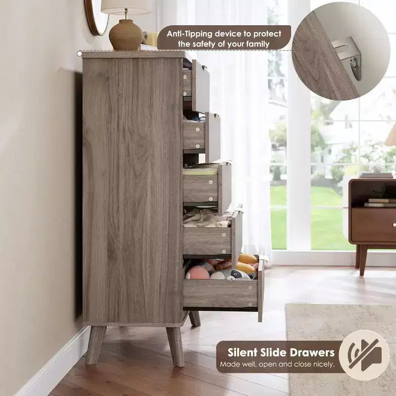 Commode Acekool cannelée à 5 tiroirs, commode moderne pour chambre à coucher ou couloir