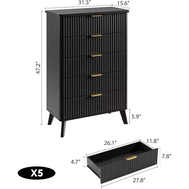Commode Acekool cannelée à 5 tiroirs, commode moderne pour chambre à coucher ou couloir