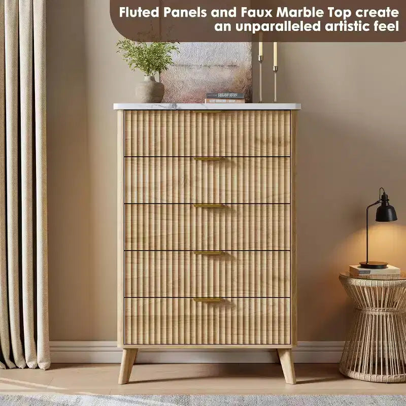 Commode Acekool cannelée à 5 tiroirs, commode moderne pour chambre à coucher ou couloir