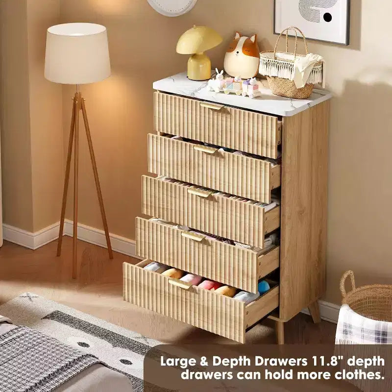 Commode Acekool cannelée à 5 tiroirs, commode moderne pour chambre à coucher ou couloir