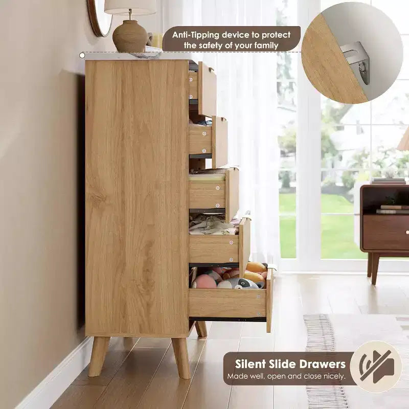Commode Acekool cannelée à 5 tiroirs, commode moderne pour chambre à coucher ou couloir