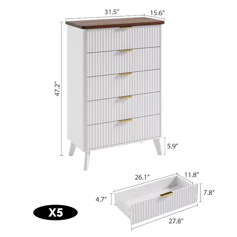 Commode Acekool cannelée à 5 tiroirs, commode moderne pour chambre à coucher ou couloir
